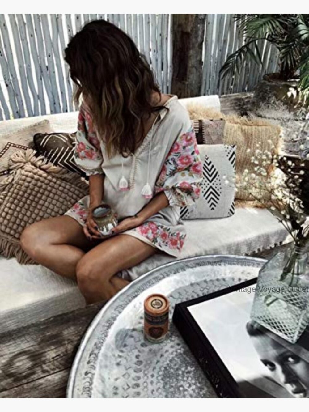 Cotton Mini Dress with Floral Embroidery 3/4 Sleeve Loose Fit - Picture 5 of 7